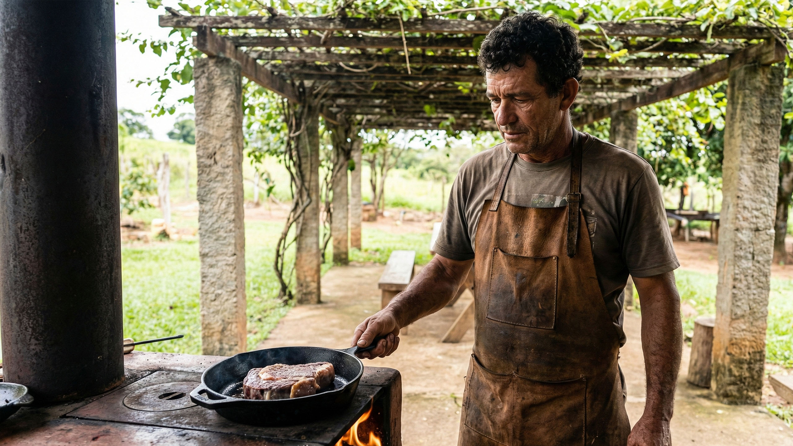 Um homem preparando alimento rico em proteínas para desempenho em um ambiente rústico.