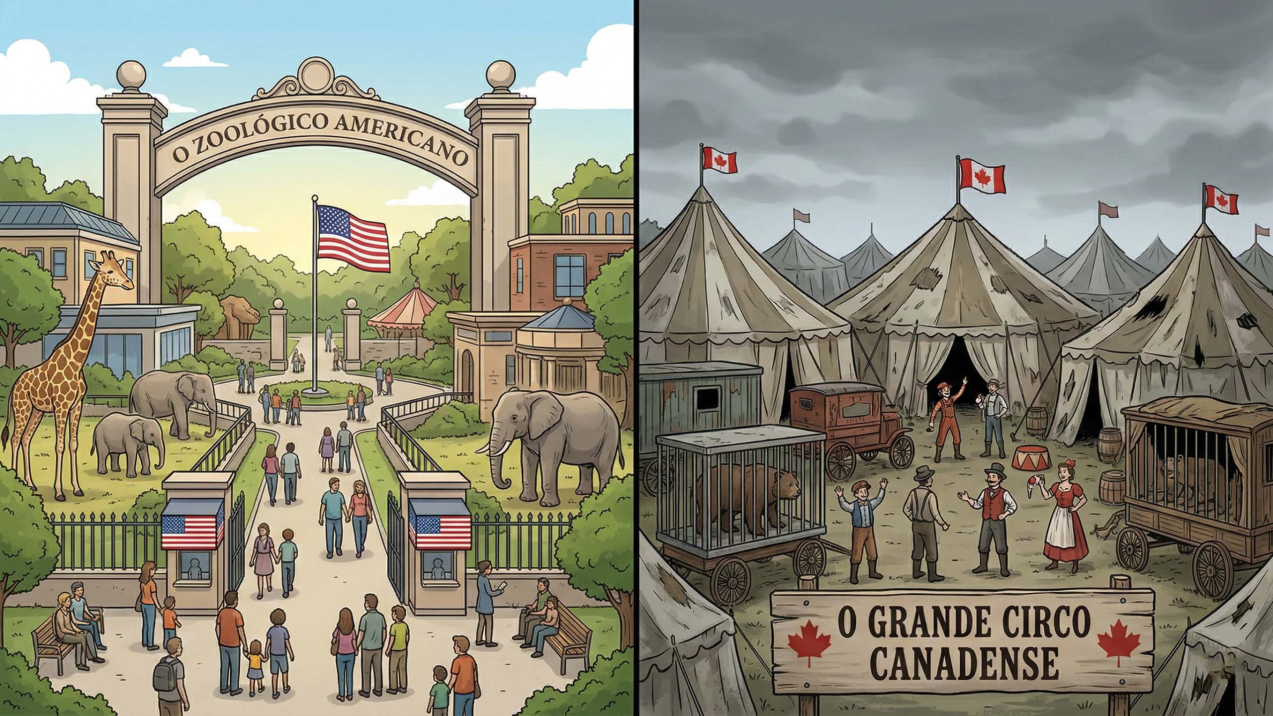 Ilustração mostrando o zoológico político americano moderno e o circo político canadense decadente.