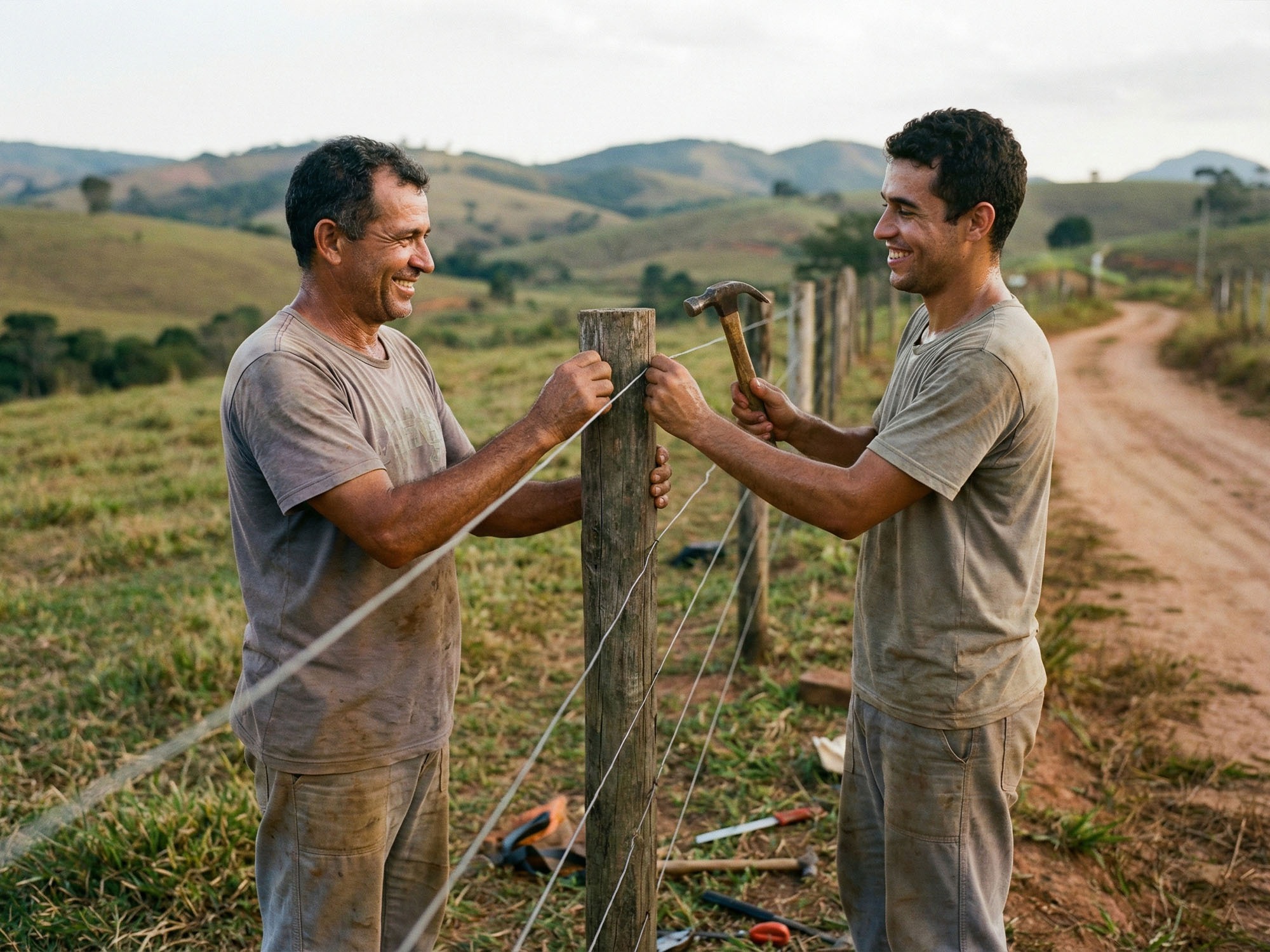 um pai e filho engajados em uma atividade manual ao ar livre.