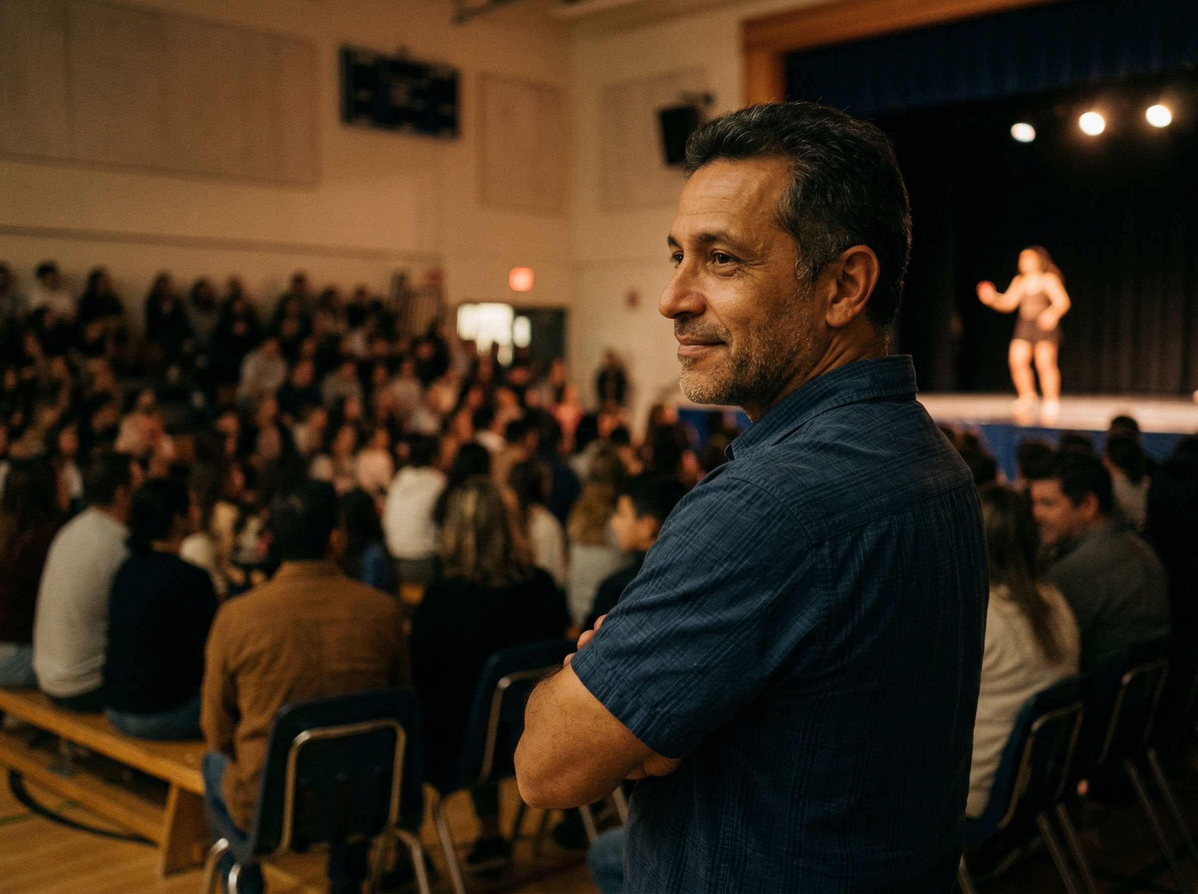 Pai assistindo a filha se apresentar na escola, orgulho emocional no rosto