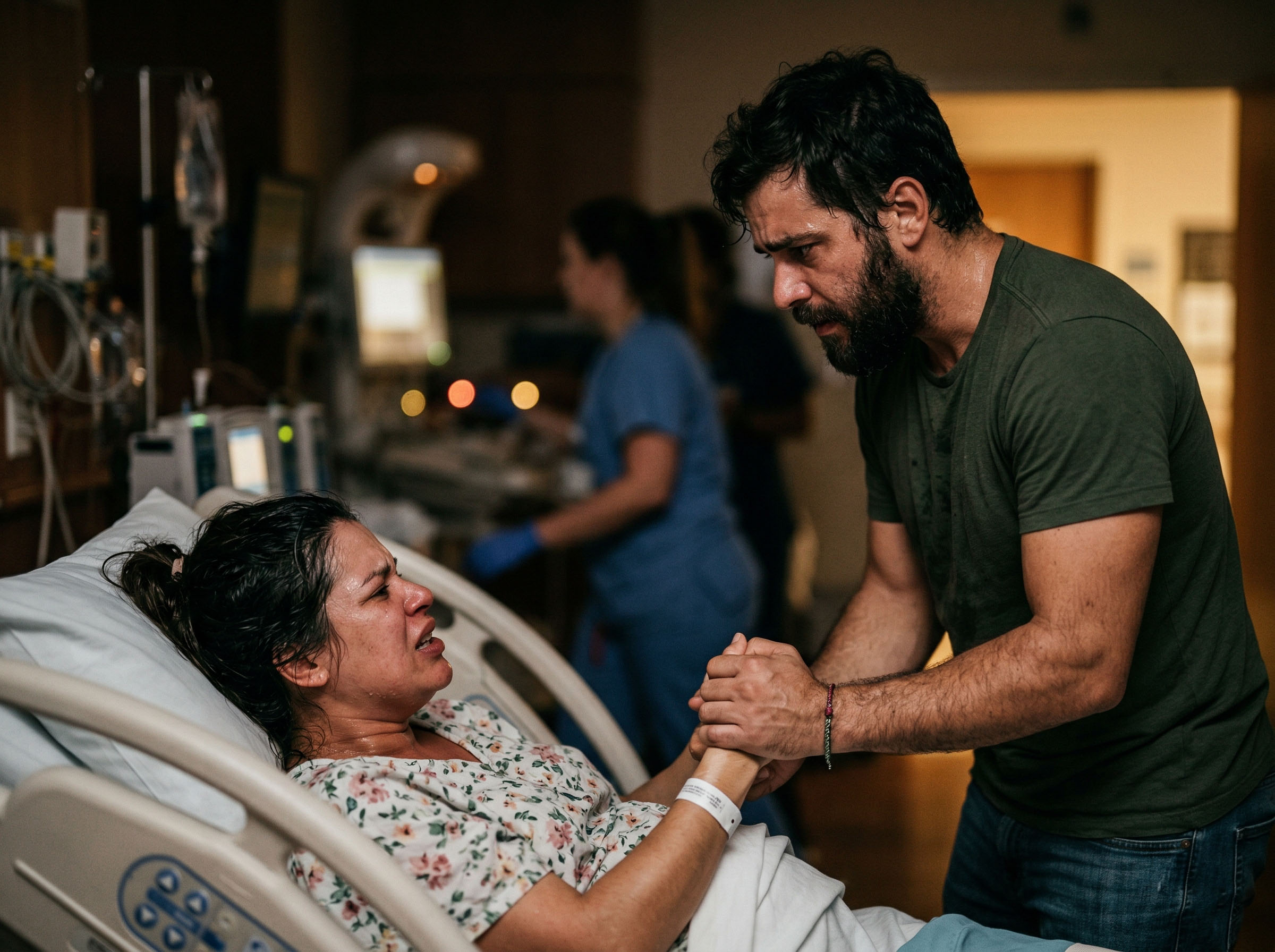 Pai segurando bebê recém-nascido pela primeira vez no hospital