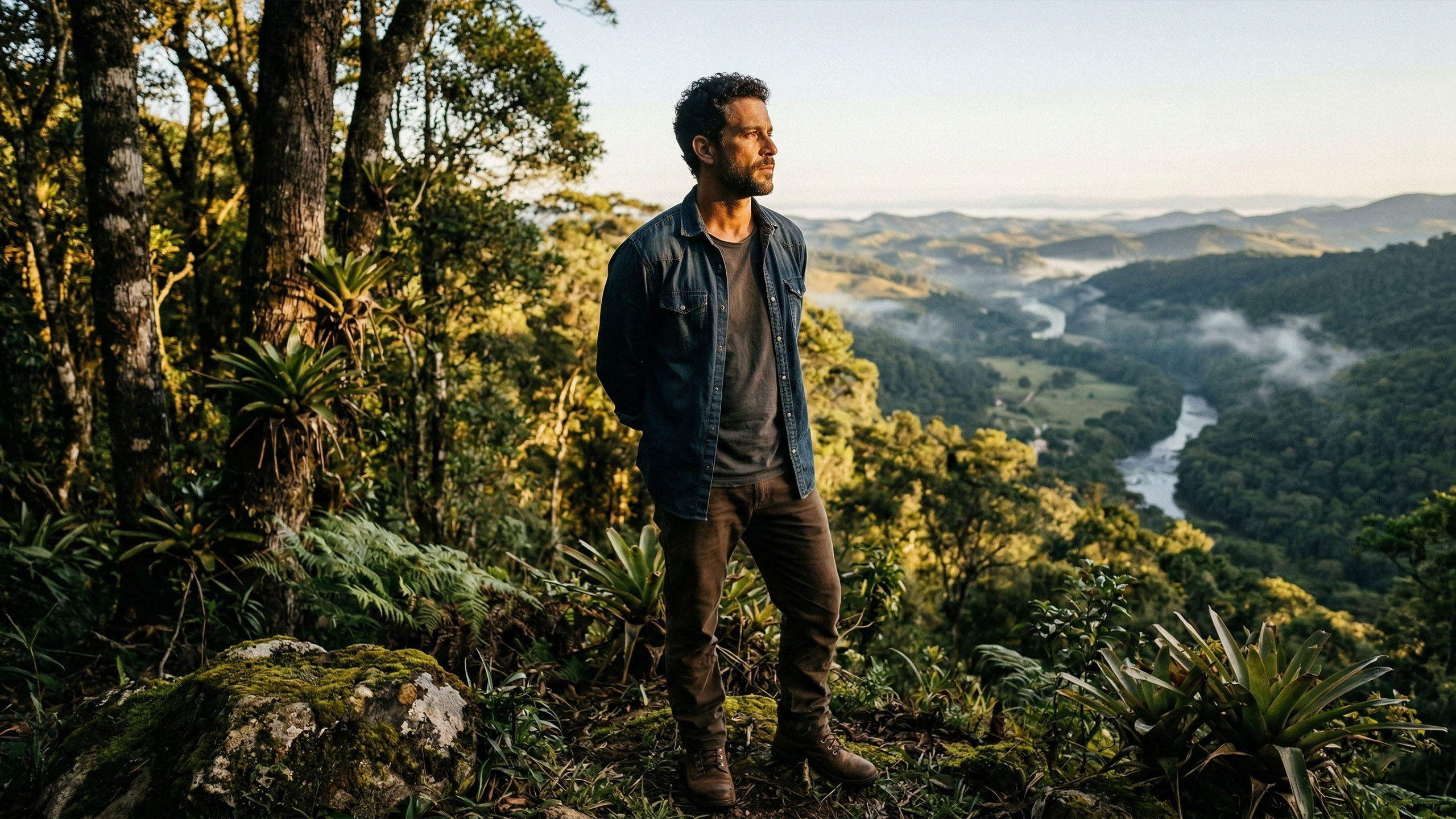 Um homem determinado observando um vale, representando saúde masculina e legado geracional.