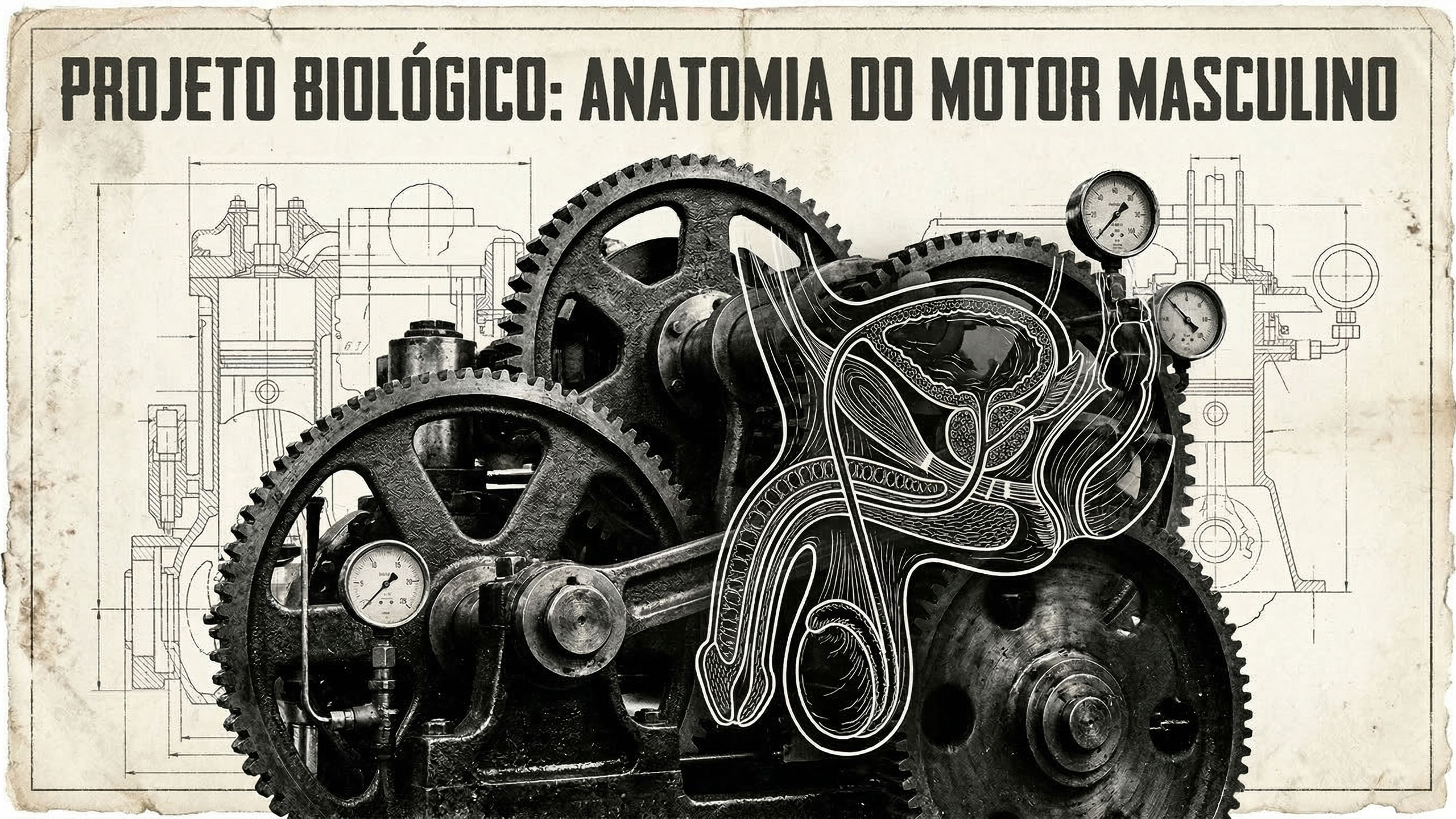 Ilustração estilo blueprint técnico das estruturas fisiológicas masculinas.