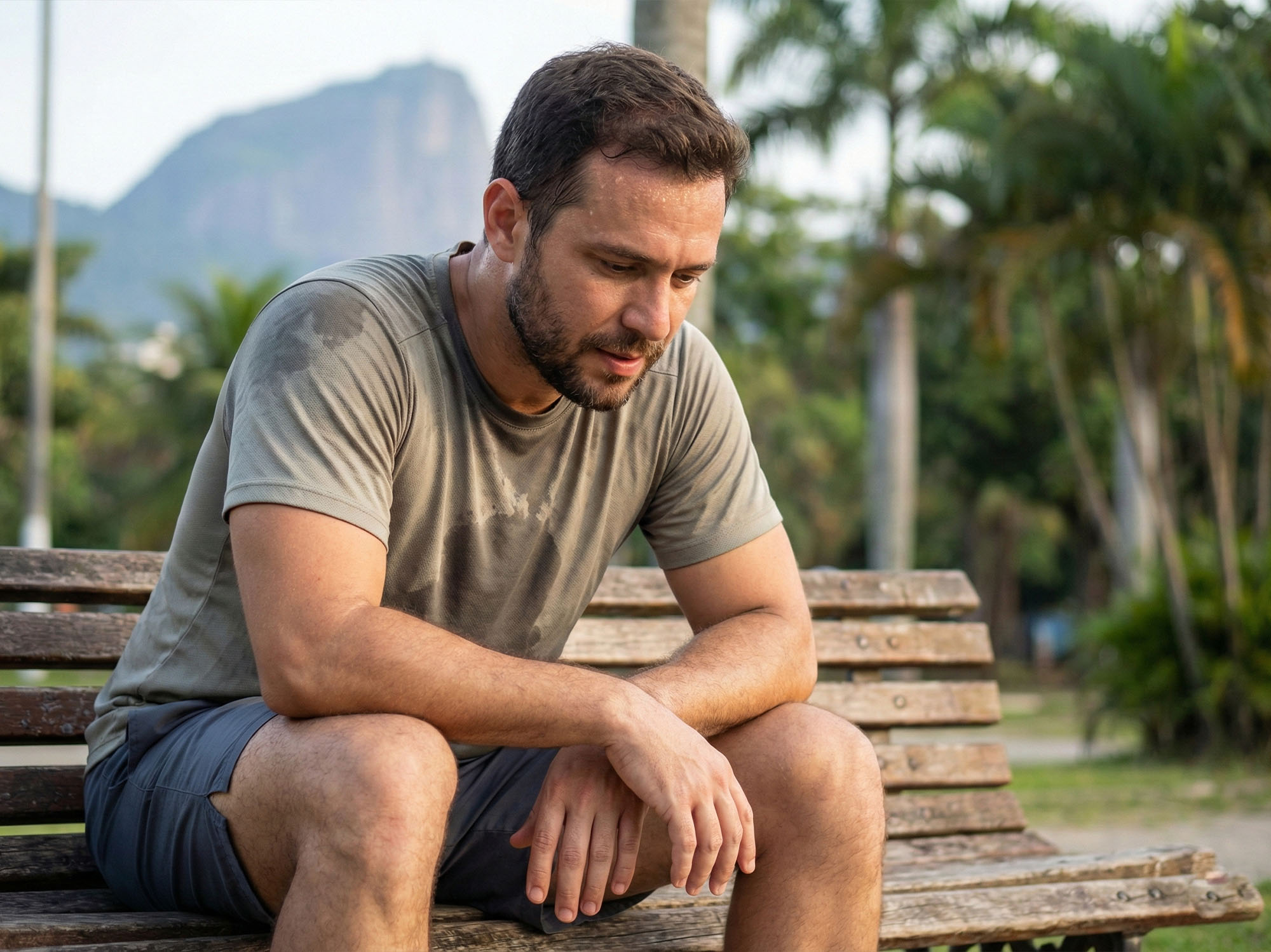 Homem a recuperar após esforço, simbolizando resiliência emocional e resistência