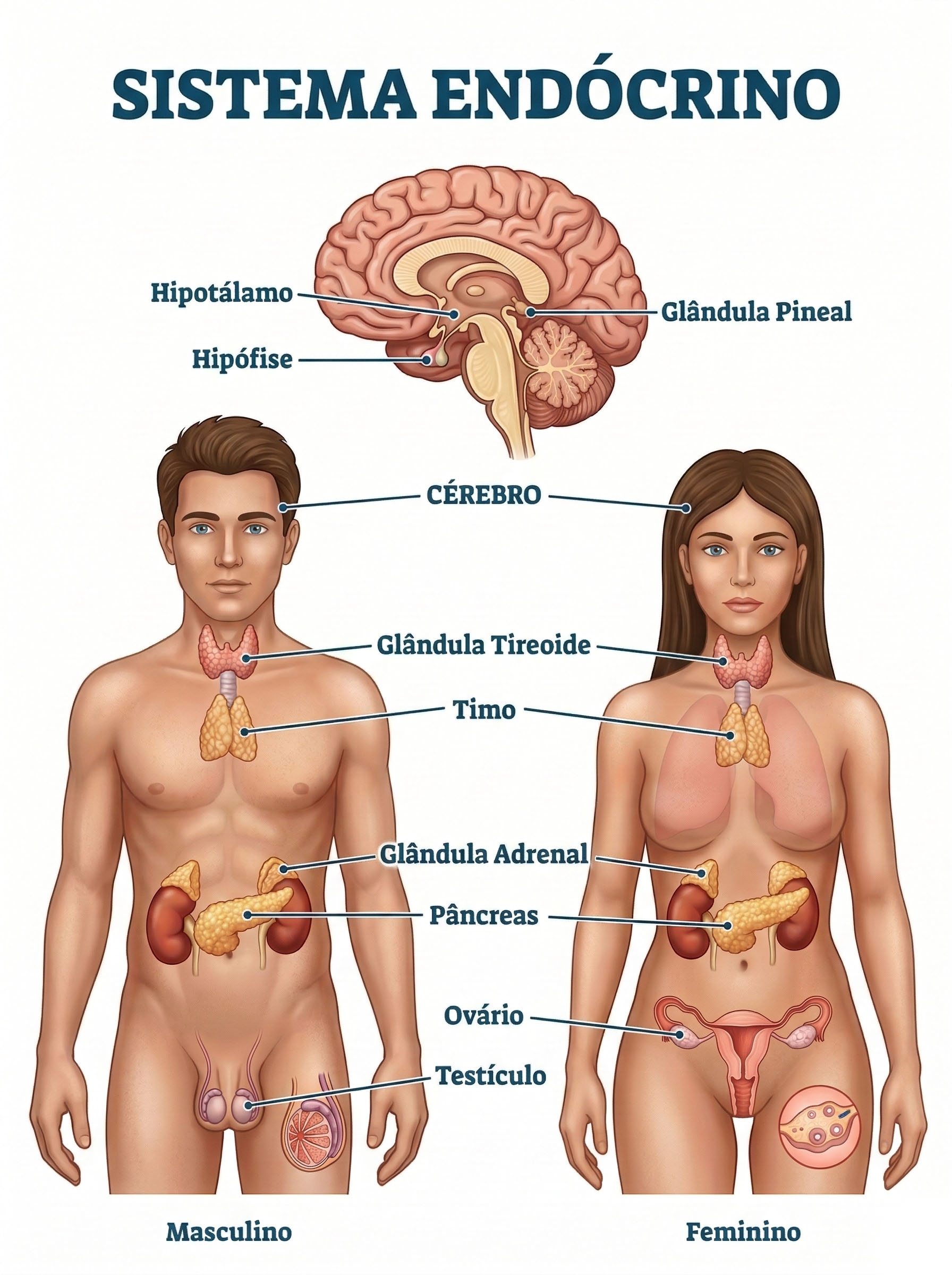 O sistema endócrino humano em homens e mulheres.