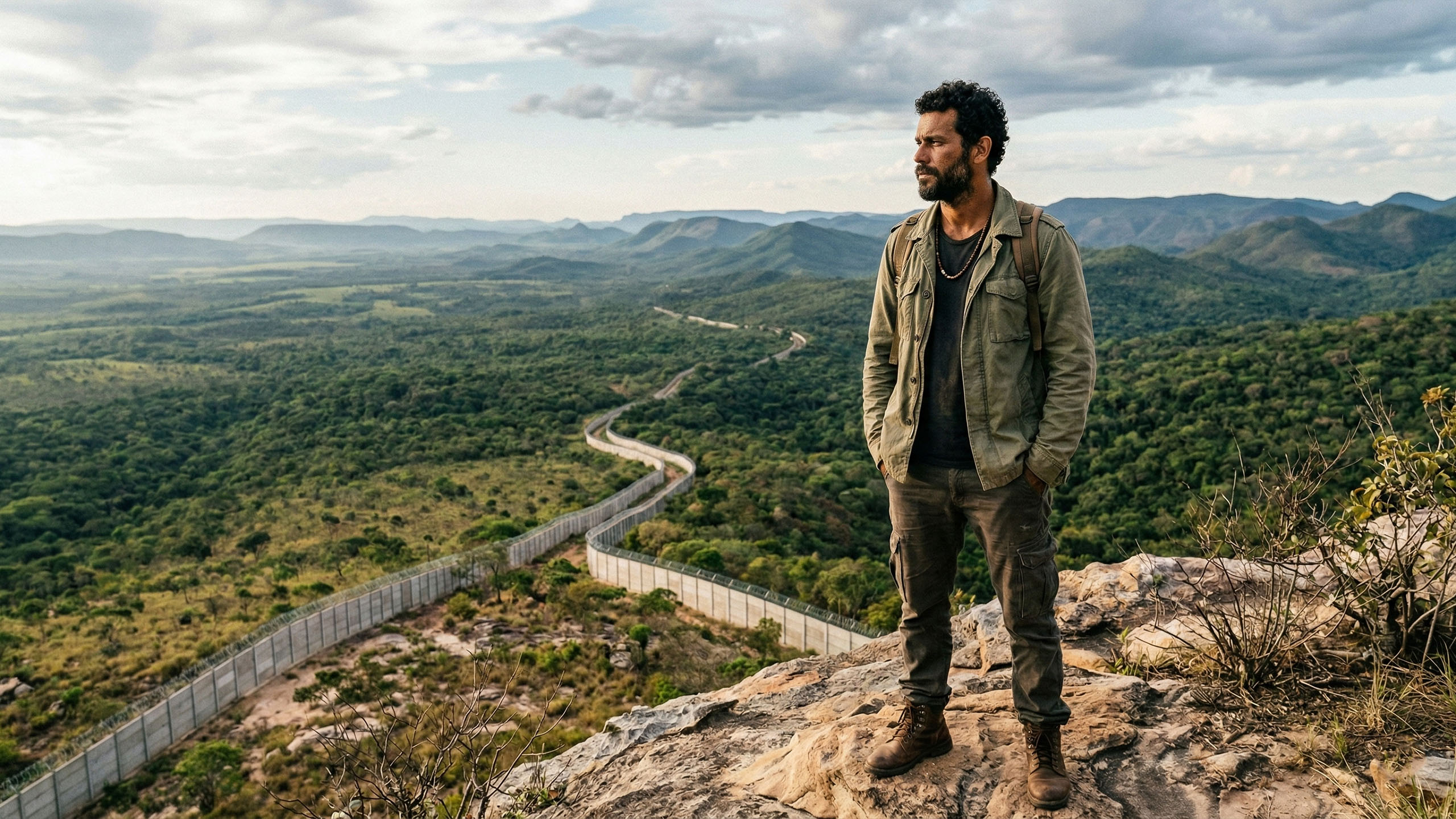 Um homem observando uma fronteira nacional, simbolizando a proteção da soberania.