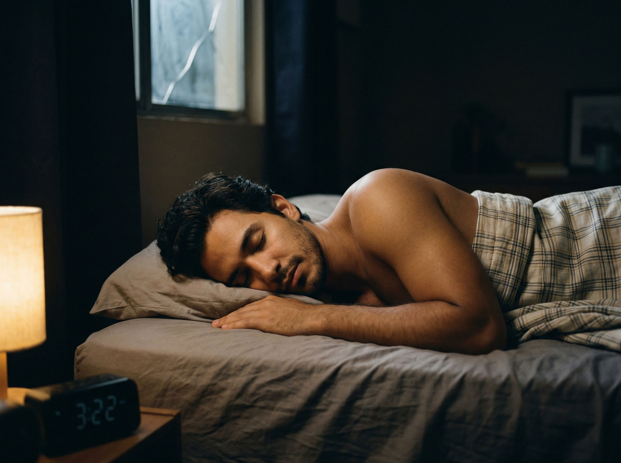 Homem dormindo profundamente em um quarto escuro representando sono restaurador e produção de testosterona