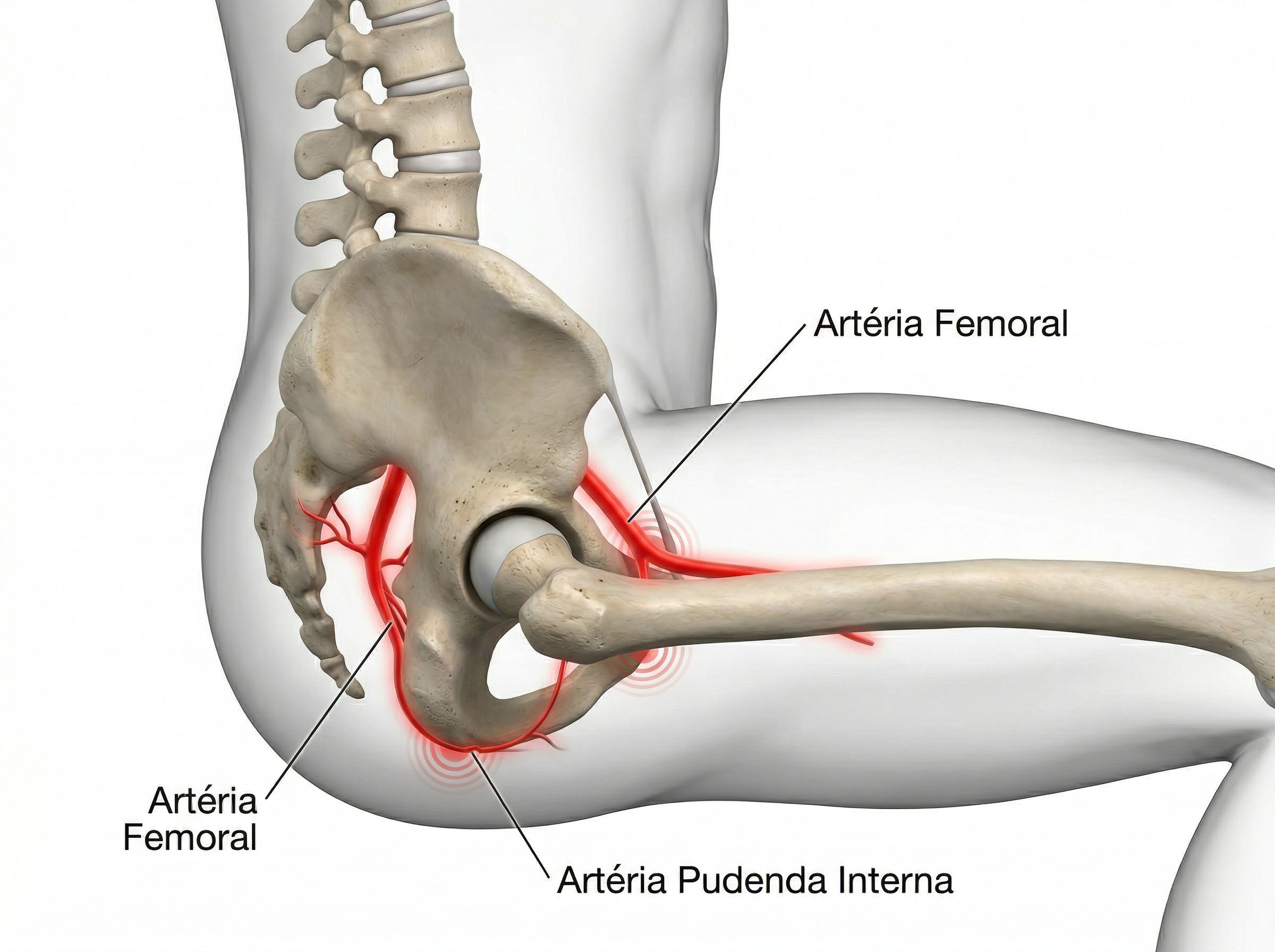 Diagrama mostrando como o sentar prolongado comprime os vasos sanguíneos pélvicos e reduz a circulação para os genitais masculinos