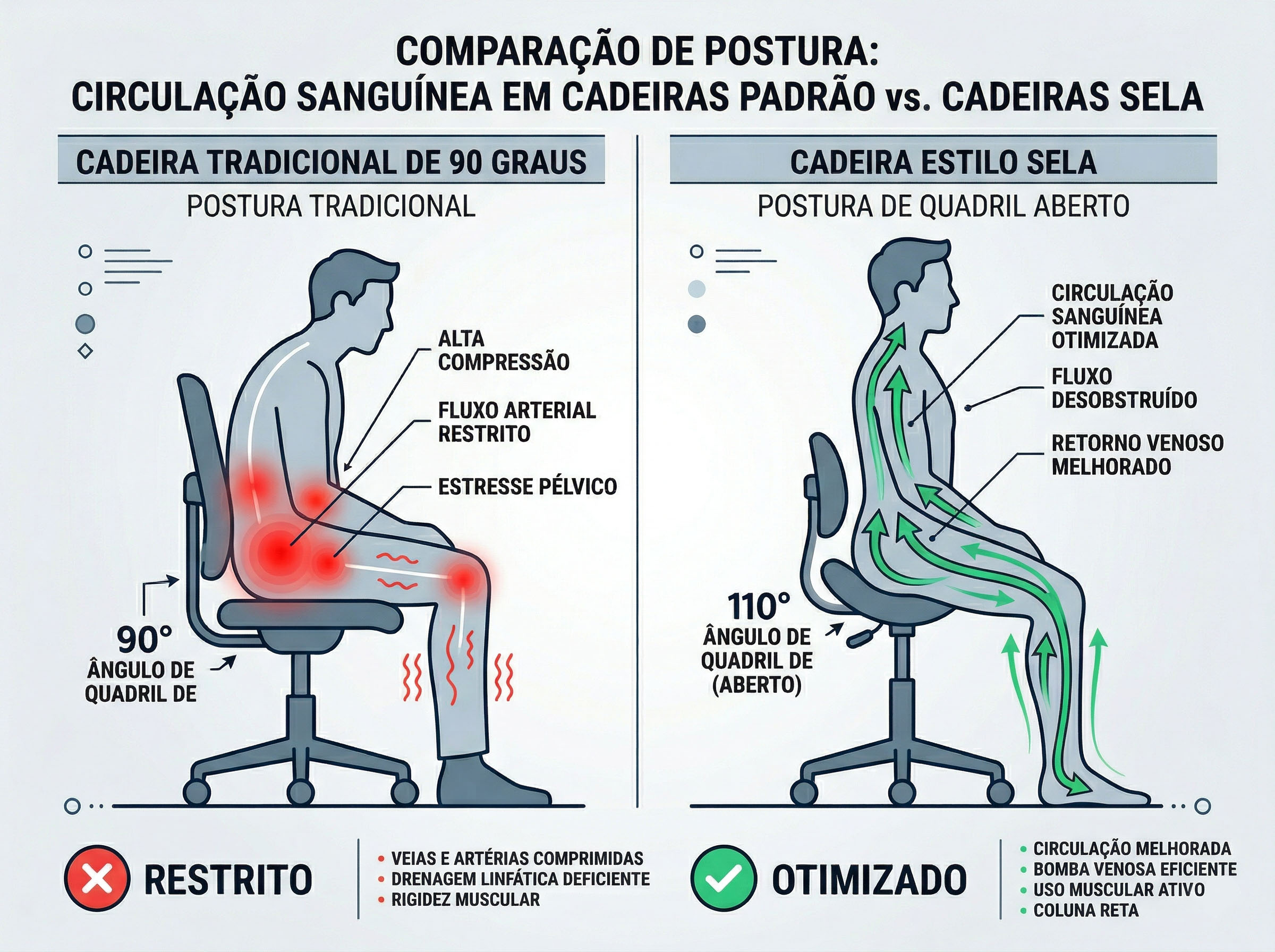 Comparação de postura em cadeira de escritório padrão versus postura ergonômica de quadril aberto mostrando diferença no fluxo sanguíneo pélvico