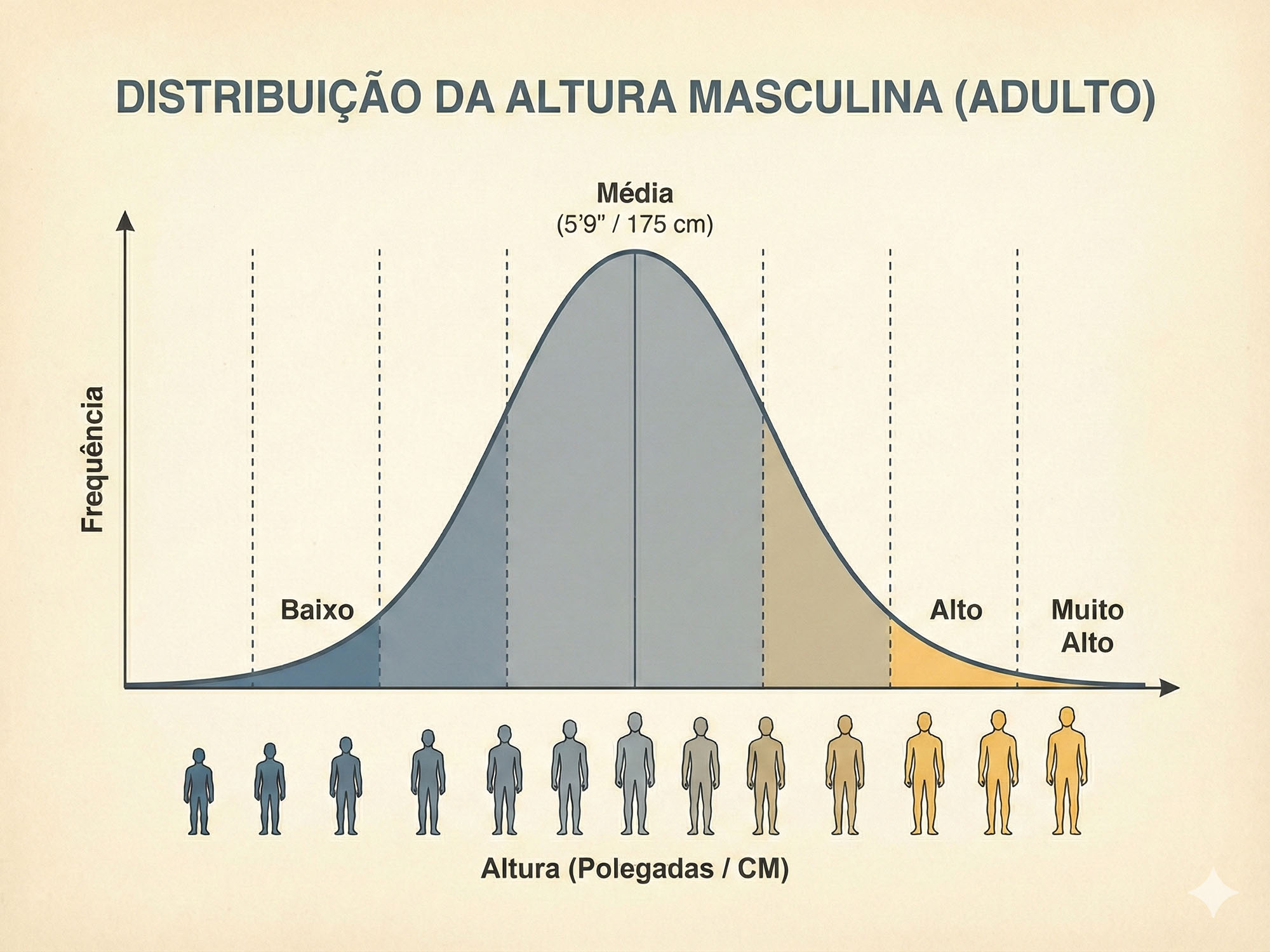 Gráfico em forma de curva de sino da distribuição de altura masculina.