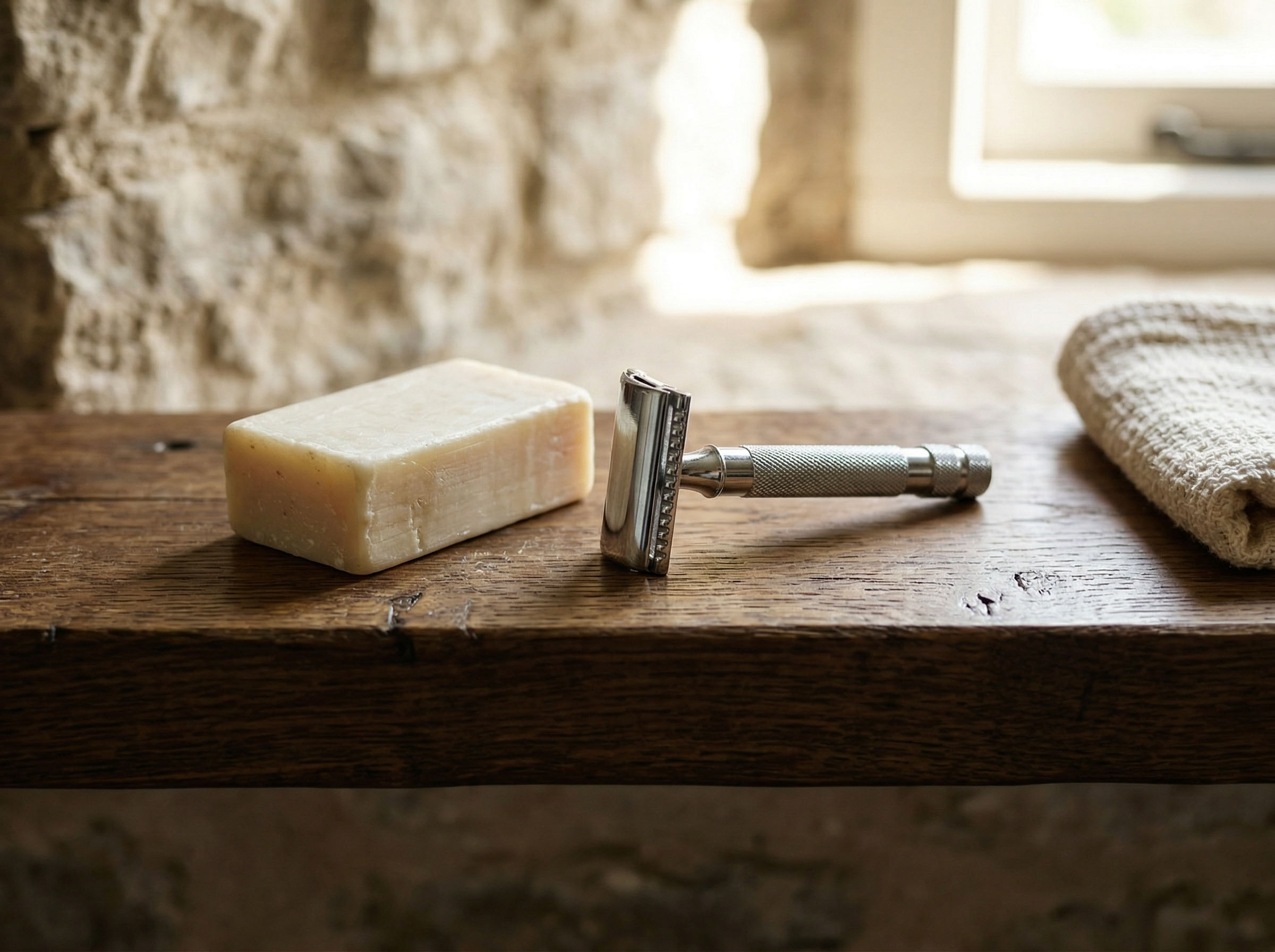 Una pastilla de jabón básica y una maquinilla de afeitar clásica sobre un estante de madera