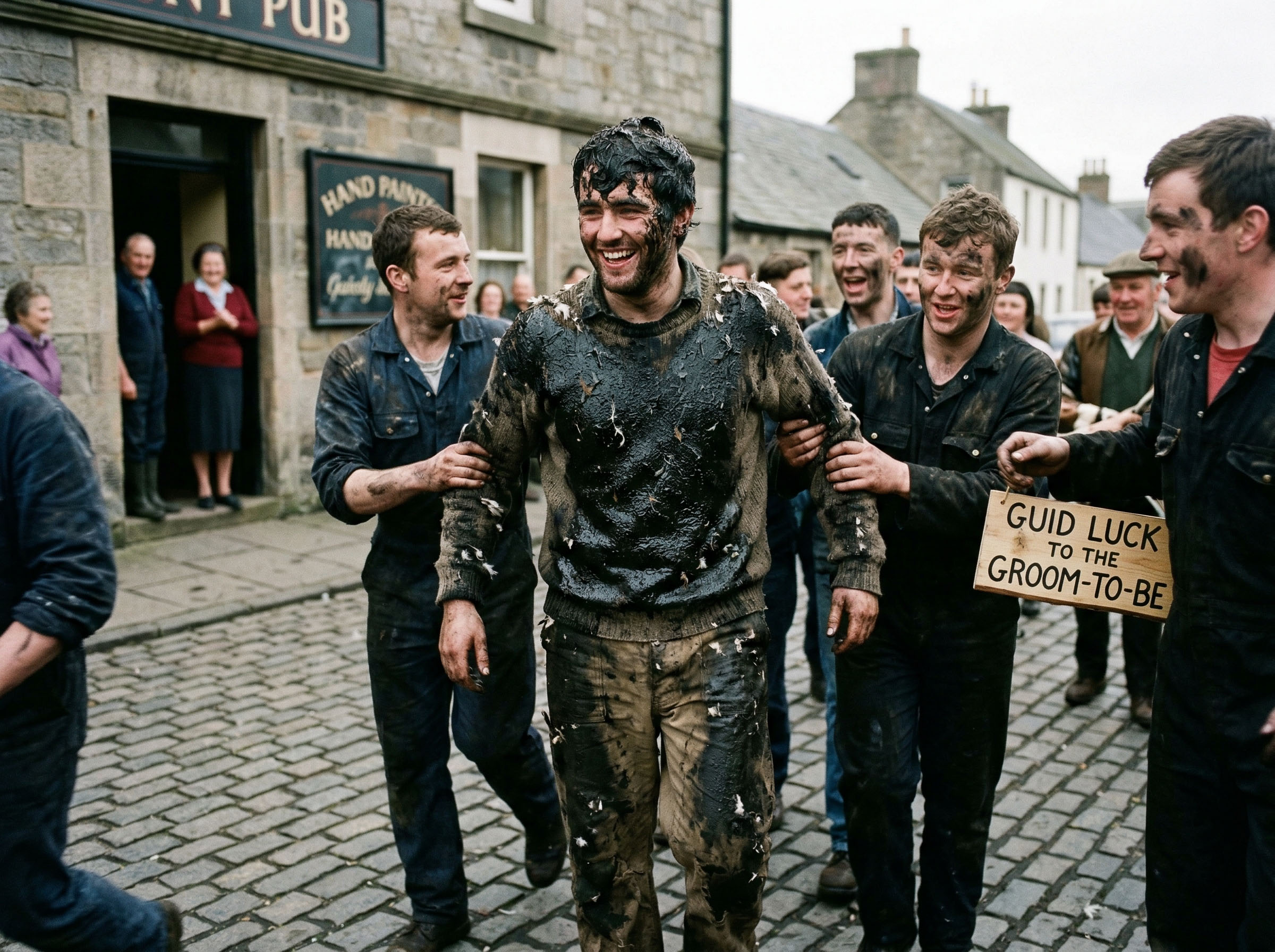 A man covered in soot and molasses during a traditional Scottish pre-wedding ritual