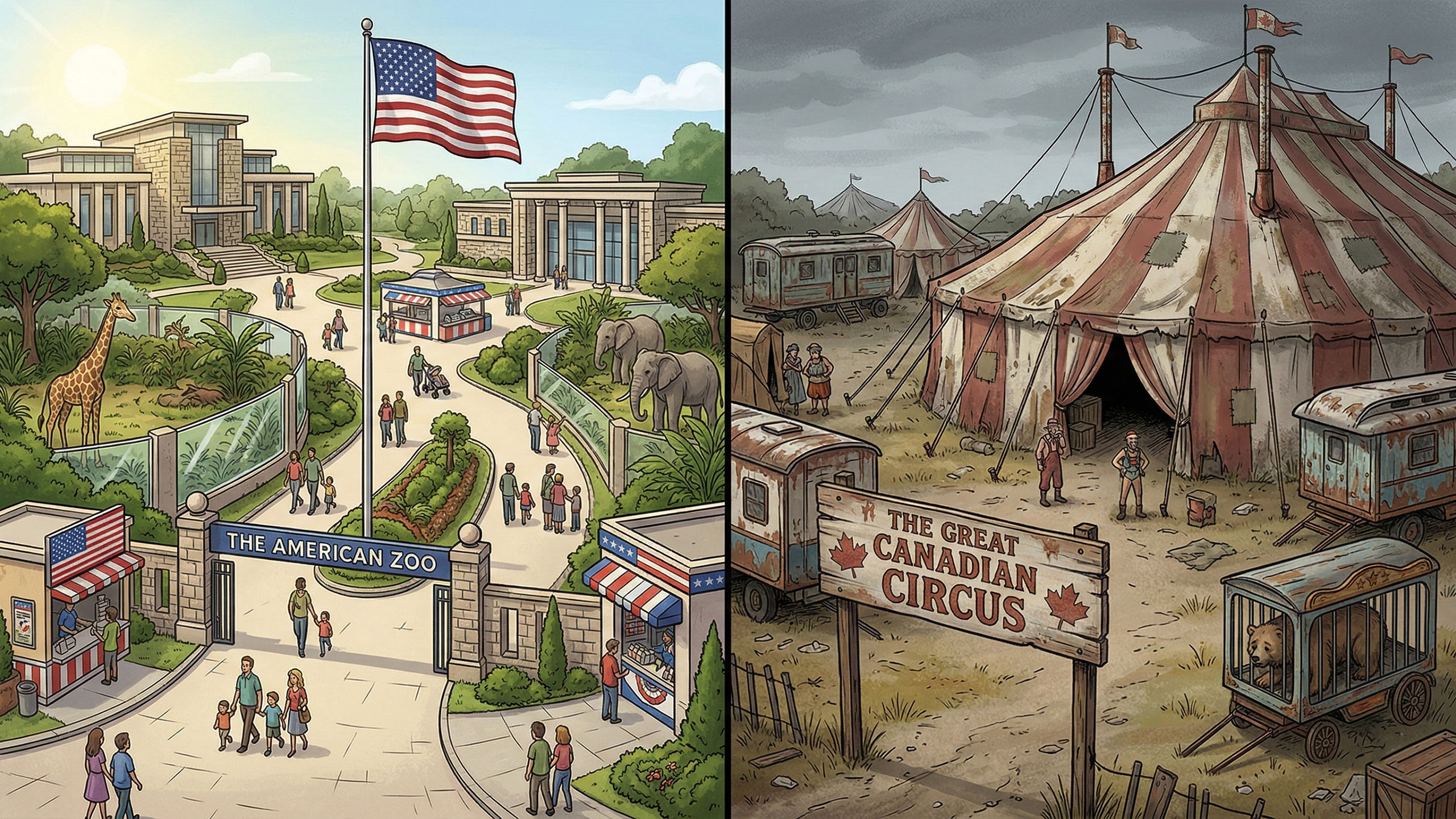 An illustration showing the modern American political zoo and the run down Canadian political circus.