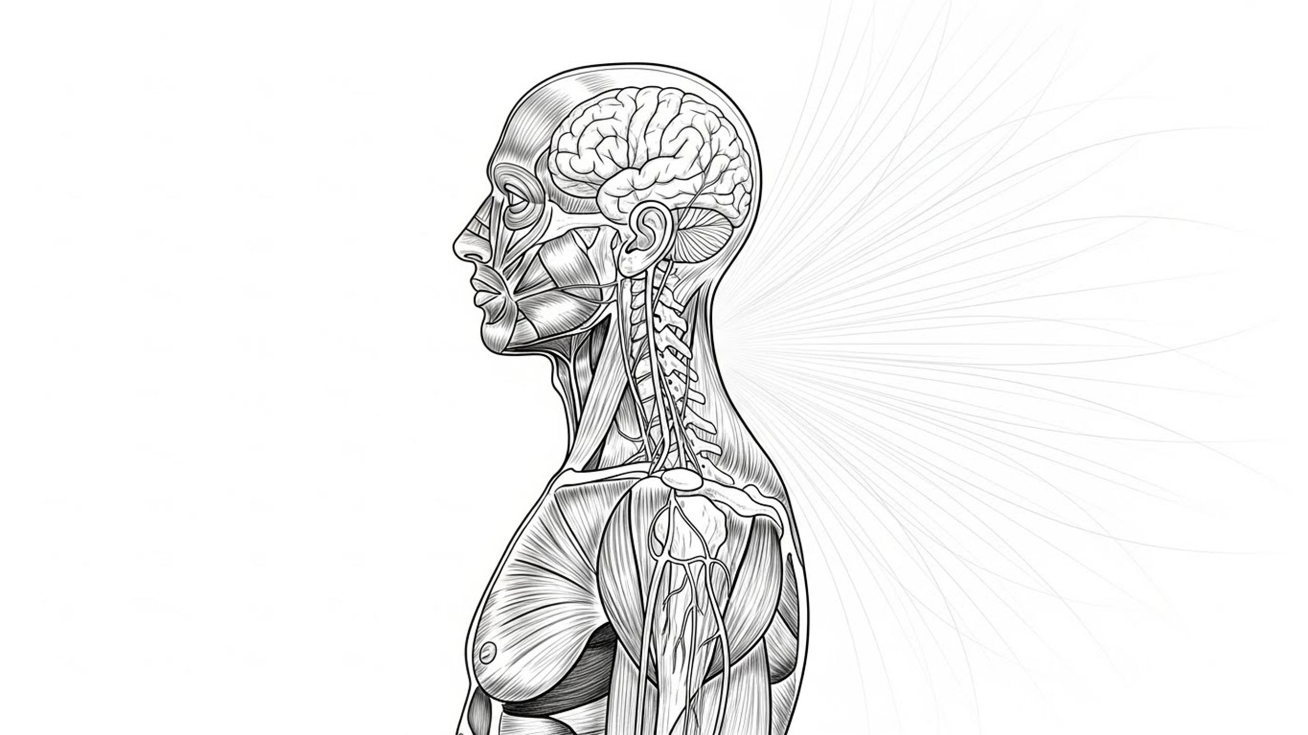 Ilustración anatómica de perfil lateral de una forma humana masculina, representada en un estilo detallado de tinta en blanco y negro.