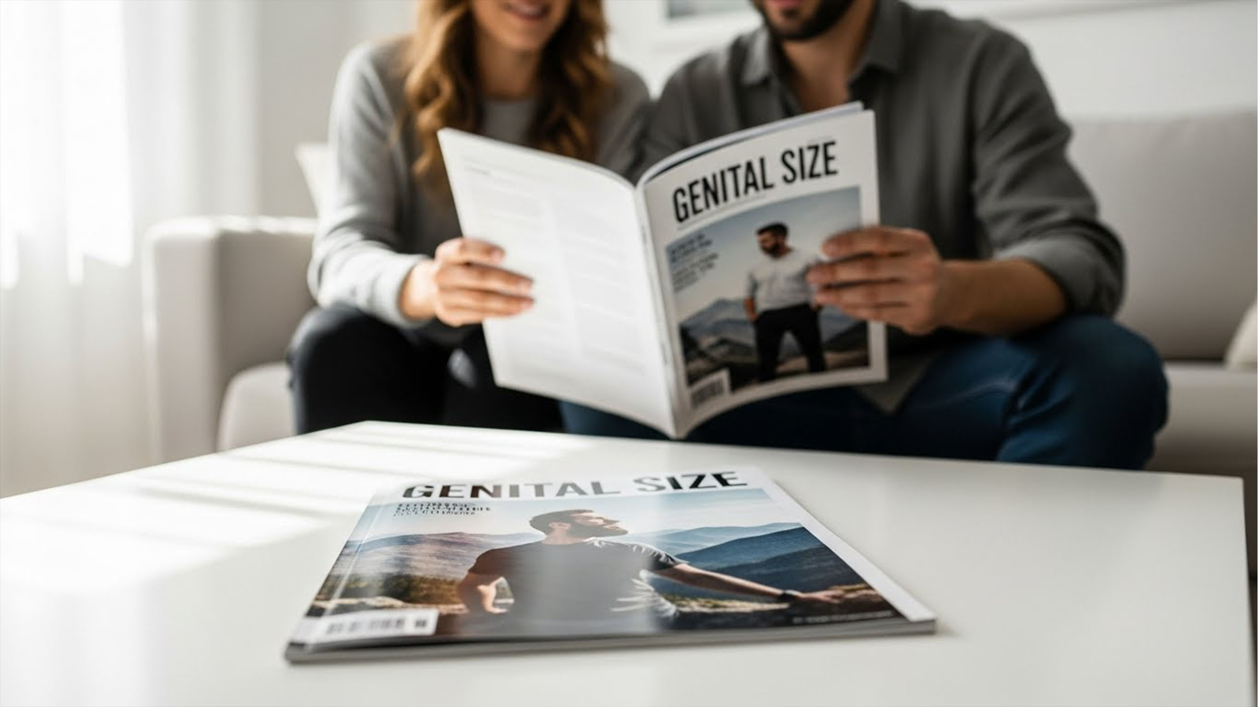 Una pareja en su sala de estar leyendo una revista titulada "Tamaño Genital".