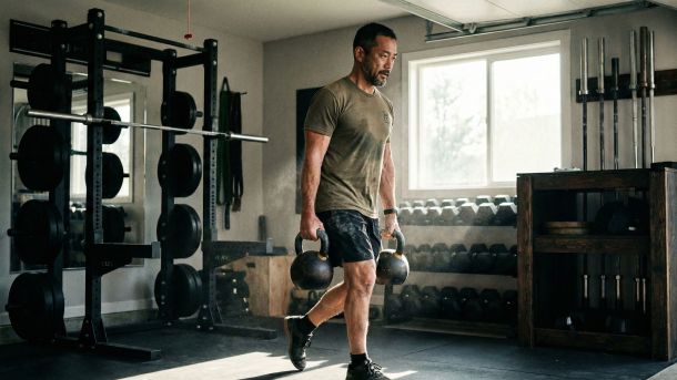 健康と長寿を最適化するために機能的な筋力トレーニングを行う屈強な男性。