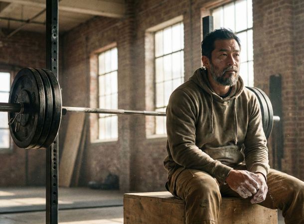 重いリフトの間で休憩する男性：賢い筋力トレーニングと回復を例示