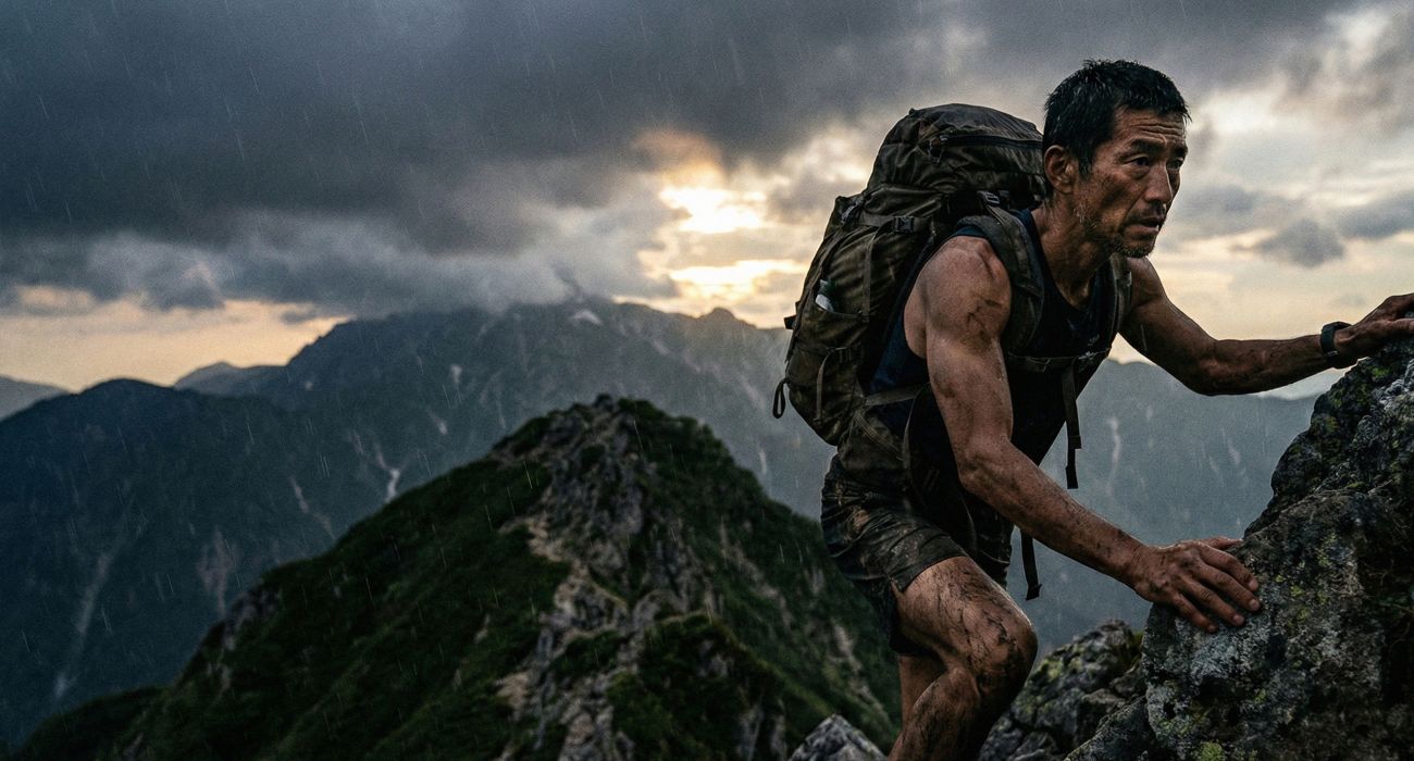 伝統的な男性の生命力を象徴する、険しい環境でトレーニングする筋肉質の男性。