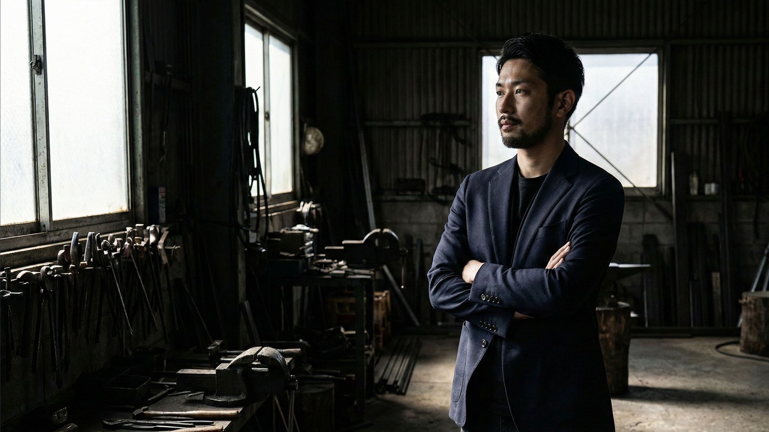 力強い姿勢とオープンなボディランゲージで立つ自信に満ちた男性。