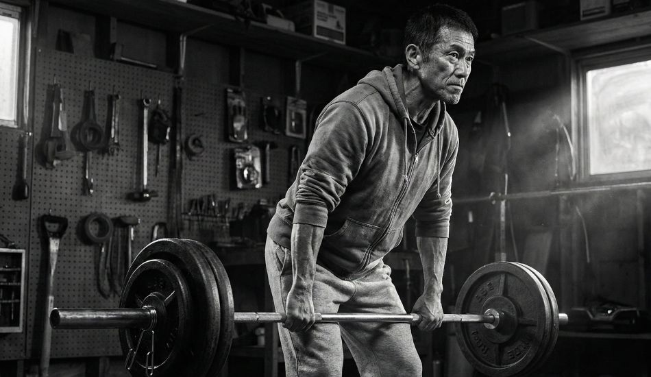 筋肉量と骨密度を維持するために重いデッドリフトを行う成熟した男性。