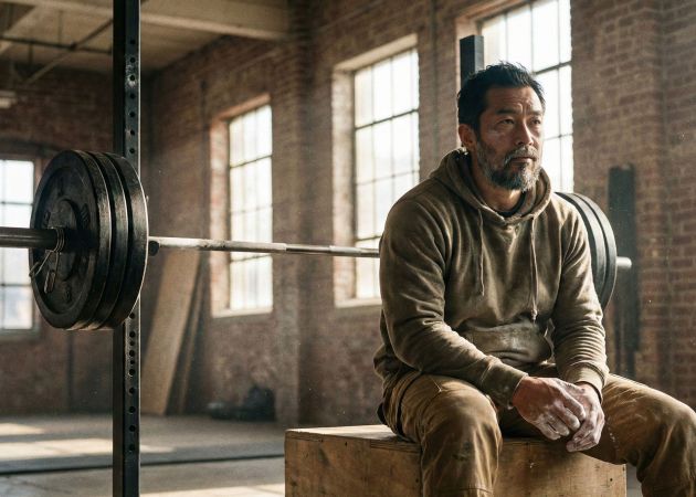 重いリフトの間で休憩する男性：賢い筋力トレーニングと回復を例示