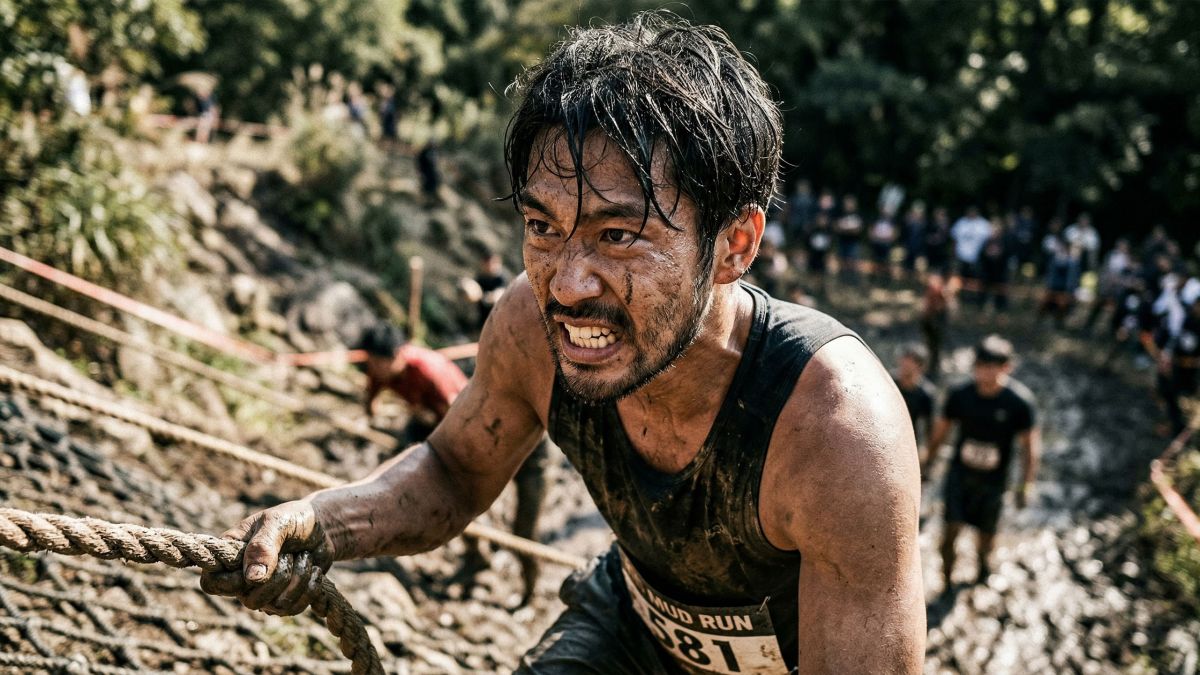 厳しい身体的挑戦に一人で挑む男性。生の駆動力と勝ち取った達成感を体現