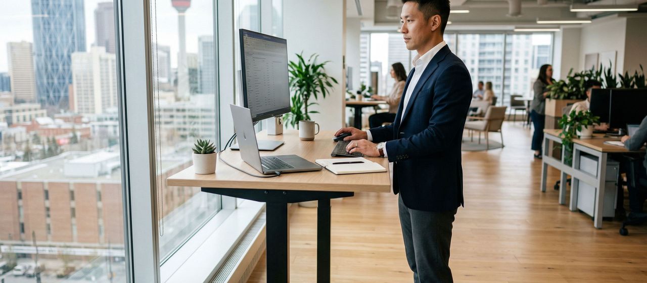 スタンディングデスクを使用して骨盤の血流と姿勢を改善する男性。