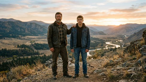 A father and son standing together at golden hour, representing masculine strength, fatherhood, and family legacy