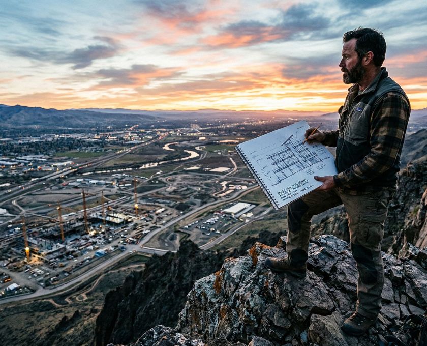 A man standing strong overlooking a landscape, representing leadership and vision.