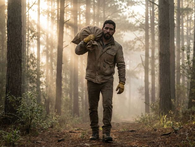 Un hombre demostrando fuerza funcional al cargar una pesada carga en un entorno natural.