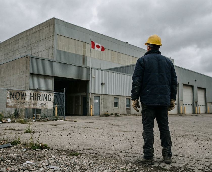 Canadian tradesman standing outside a warehouse beside a faded Now Hiring sign, representing the broken foreign worker hiring system