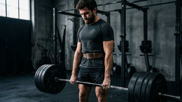 Un homme effectue un soulevé de terre avec une barre lourde et un gainage intégral, illustrant l'engagement du plancher pelvien et la stabilité du tronc chez les athlètes masculins.
