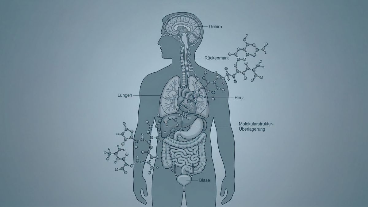 Illustration einer männlichen Figur, überlagert mit einer molekularen Struktur aus Mikroplastik, die den bis 2050 prognostizierten Testosteronrückgang darstellt.