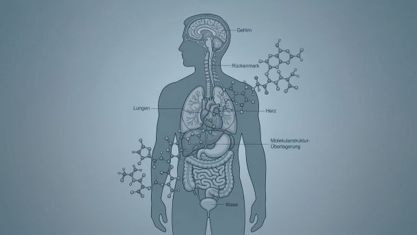 Illustration einer männlichen Figur, überlagert mit einer molekularen Struktur aus Mikroplastik, die den bis 2050 prognostizierten Testosteronrückgang darstellt.