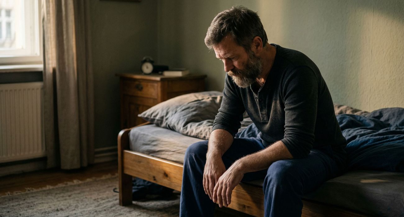 Mann sitzt morgens am Bettrand und reflektiert die Auswirkungen von Schlafmangel und Stress