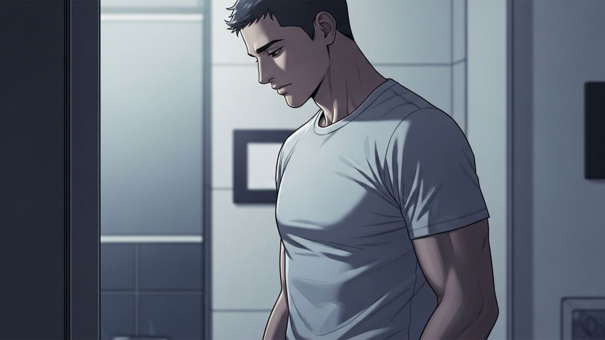 Man in a bathroom quietly checking his genital health with a thoughtful, neutral expression