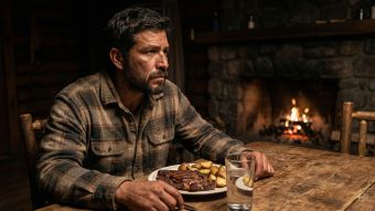 Un hombre fuerte sentado en una mesa de madera disfrutando de una comida tradicional y abundante.