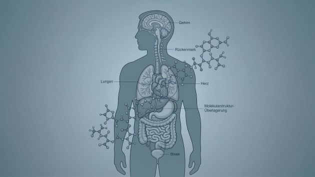 Illustration einer männlichen Figur, überlagert mit einer molekularen Struktur aus Mikroplastik, die den bis 2050 prognostizierten Testosteronrückgang darstellt.