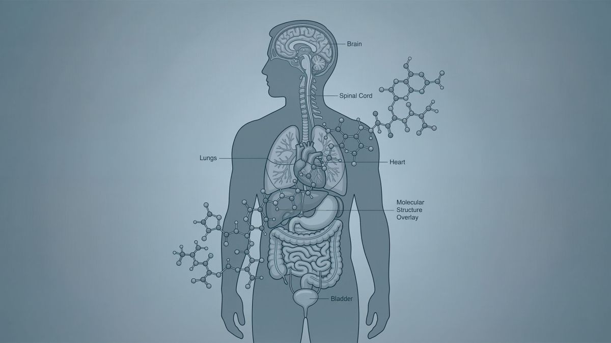 Illustration of male figure overlaid with microplastic molecular structure, representing testosterone decline forecast to 2050