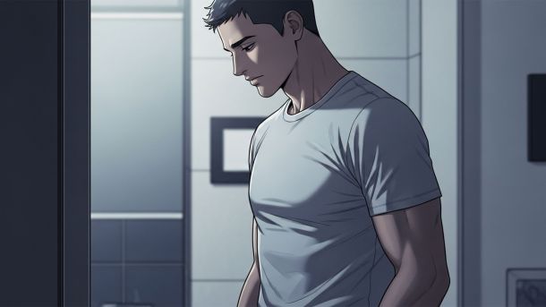 Hombre en un baño revisando discretamente su salud genital con una expresión pensativa y neutral