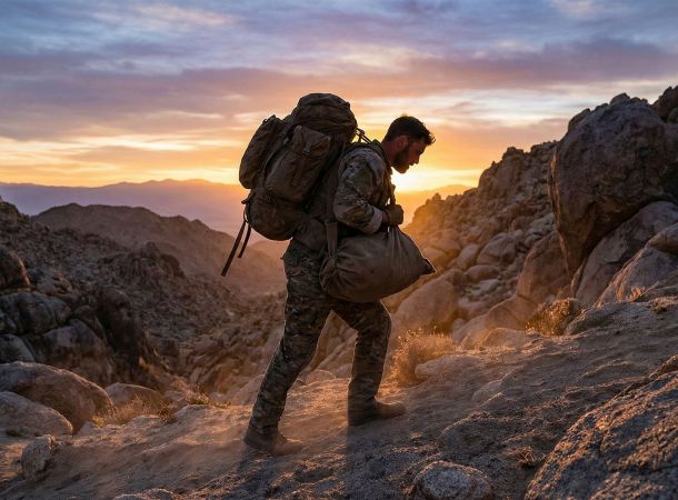 A man in rugged gear performing a functional carry workout outdoors, representing ancient warrior training.
