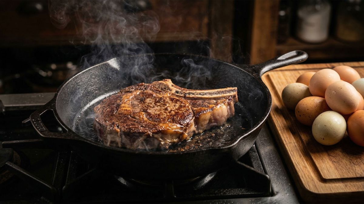 Um steak selado em frigideira de ferro fundido representando nutrição masculina ancestral.