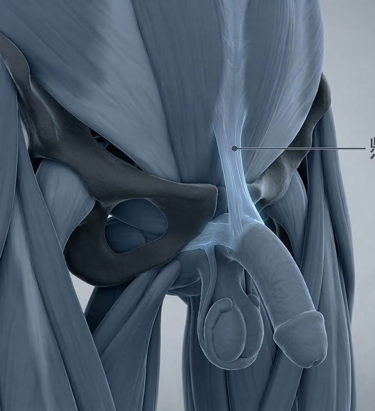 男性の懸垂靭帯と恥骨結合を示す3D医療イラスト。