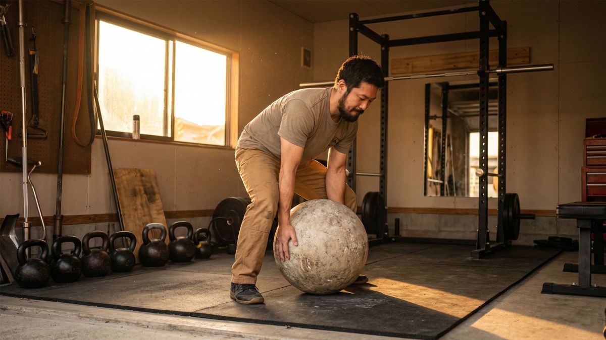 機能的な戦士の筋力を鍛えるため、不規則な物体を持ち上げる男性。