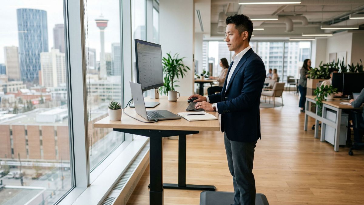 スタンディングデスクを使用して骨盤の血流と姿勢を改善する男性。