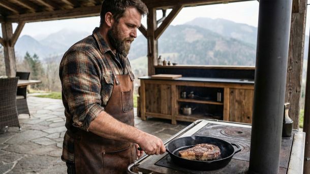 Ein Mann bereitet proteinreiche Leistungsnahrung in einer rustikalen Umgebung zu.
