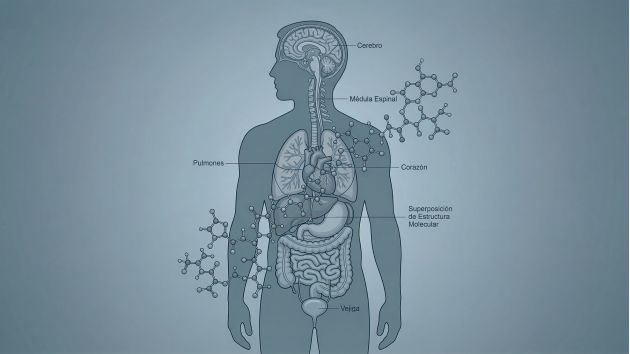 Ilustración de una figura masculina superpuesta con la estructura molecular de microplásticos, que representa la disminución de testosterona prevista hasta 2050.