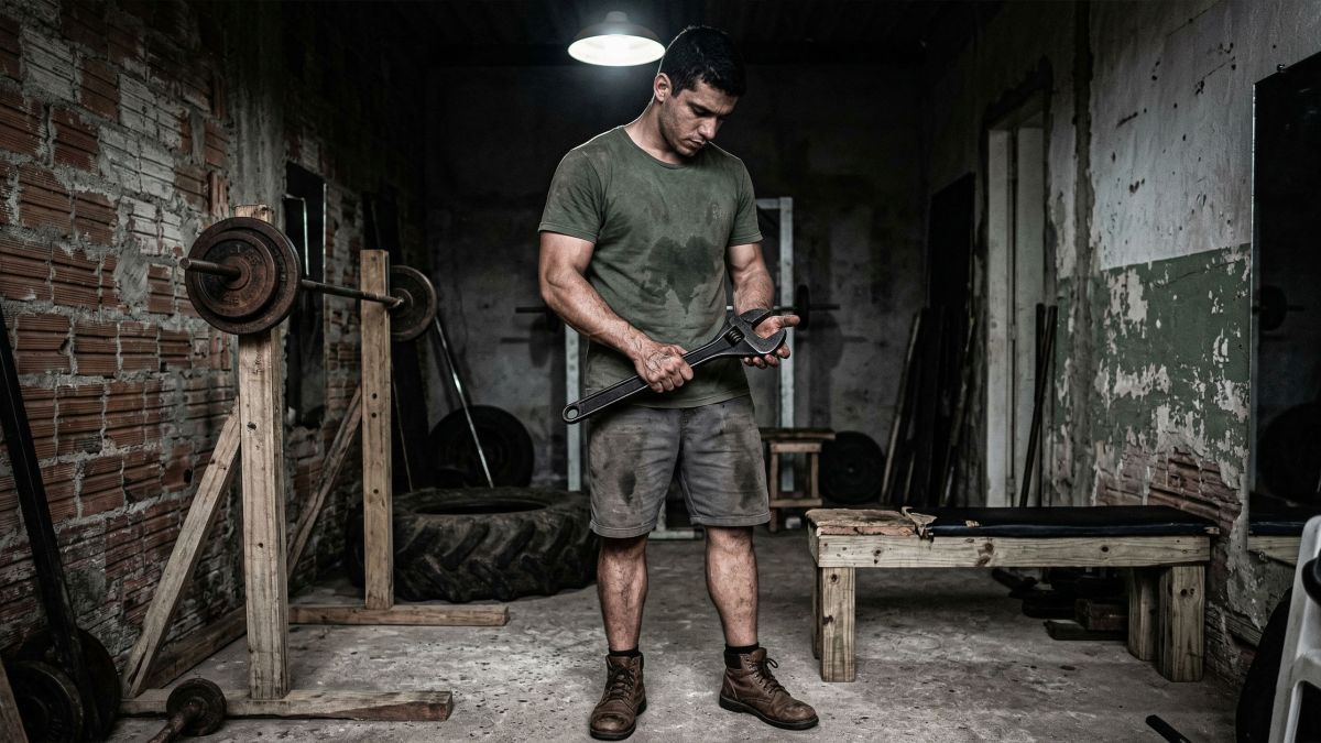 Um homem focado em força funcional em ambiente rústico.