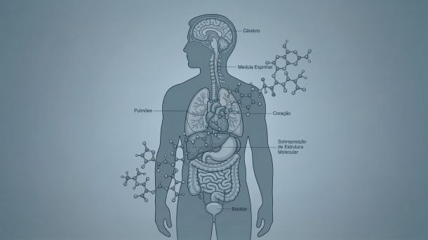 Ilustração de uma figura masculina sobreposta à estrutura molecular de microplásticos, representando a previsão de declínio dos níveis de testosterona até 2050.
