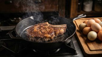 Um steak selado em frigideira de ferro fundido representando nutrição masculina ancestral.